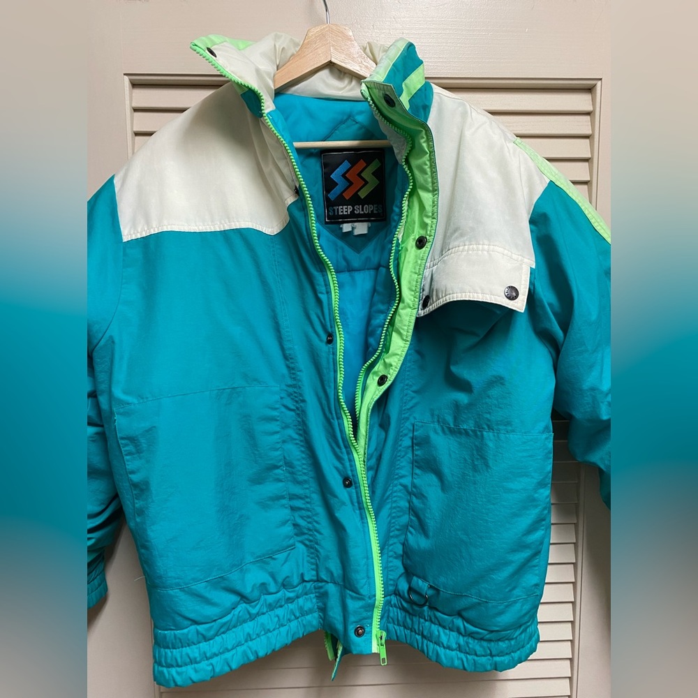 Vintage Steep Slopes Puffer Jacket Blue White Yellow 80s Snow - Womens Medium